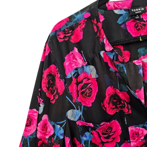Torrid Top Black Size 4 4x Rose Floral Roll Sleeves Lightweight Plus Size Harper - Picture 4 of 8